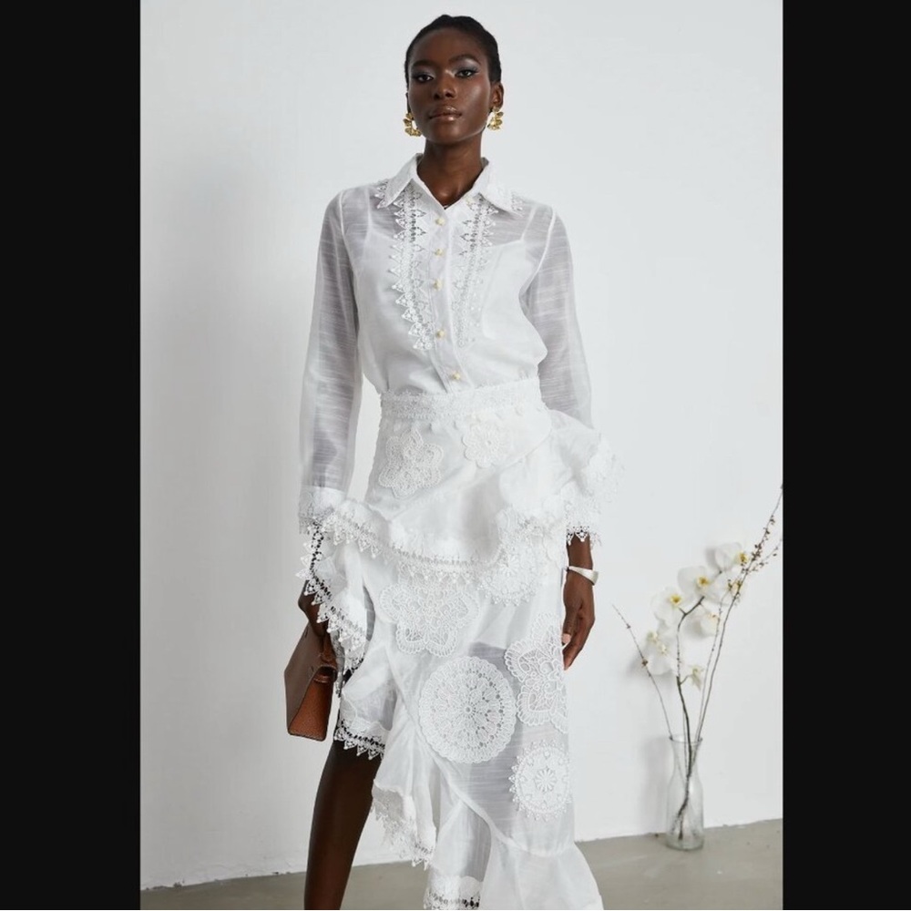 NWT Miss Rosier RENÉE WHITE SEMI-SHEER SHIRT & SKIRT MATCHING SET | M (US 2-4)